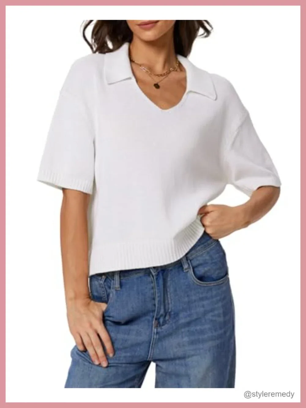 Women's Polo V-Neck Knit Top Short Sleeve Pullover Sweater Cotton Loose Fit